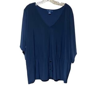 Chaps Short Sleeve V-Neck Tie Waist Flowy Top Navy Blue XL‎